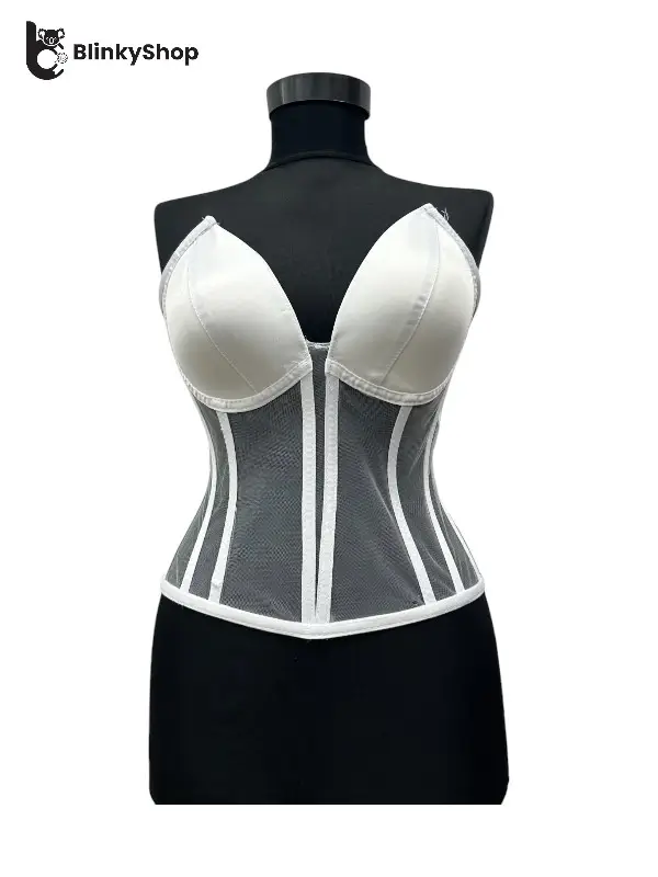 Corset pentru rochii alb tulle, cu cupe si balene, fara bretele, reglabil.