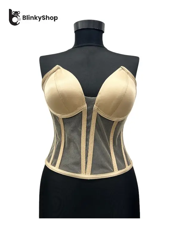 Corset pentru Rochii Bej Tulle, cu cupe si balene, fara bretele, reglabil.