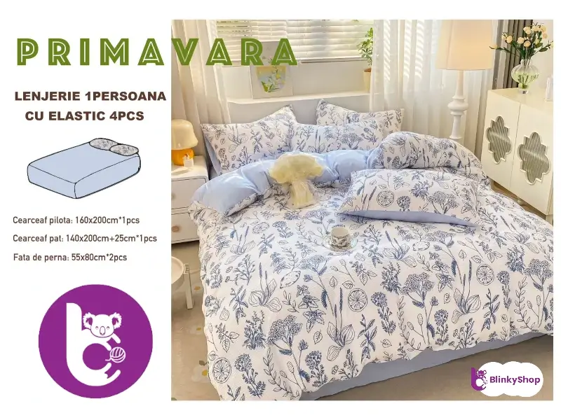 Lenjerie finet creponat 1pers C404, imprimeu cu flori bleu