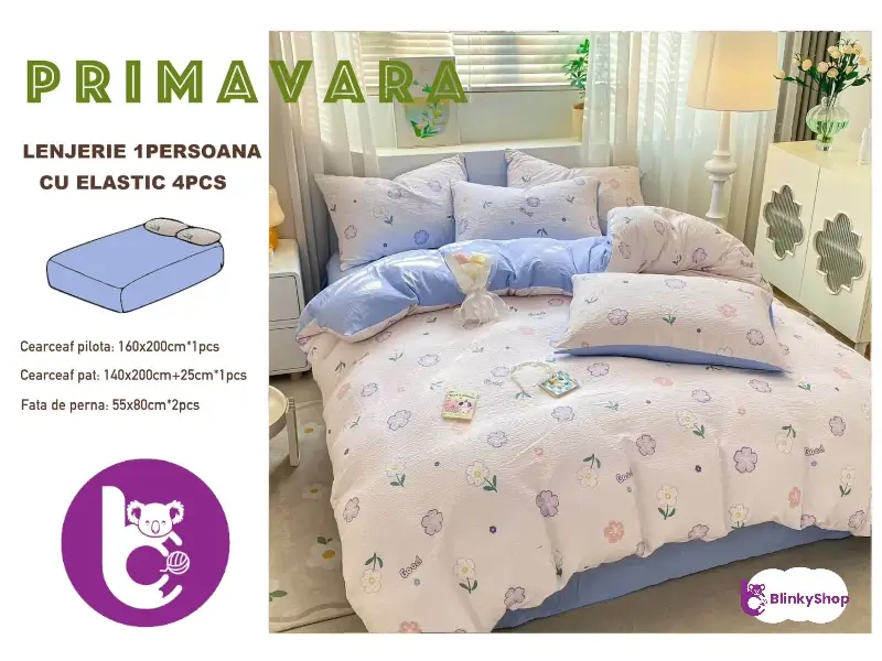 Lenjerie finet creponat 1pers C407,bleu cu floricele